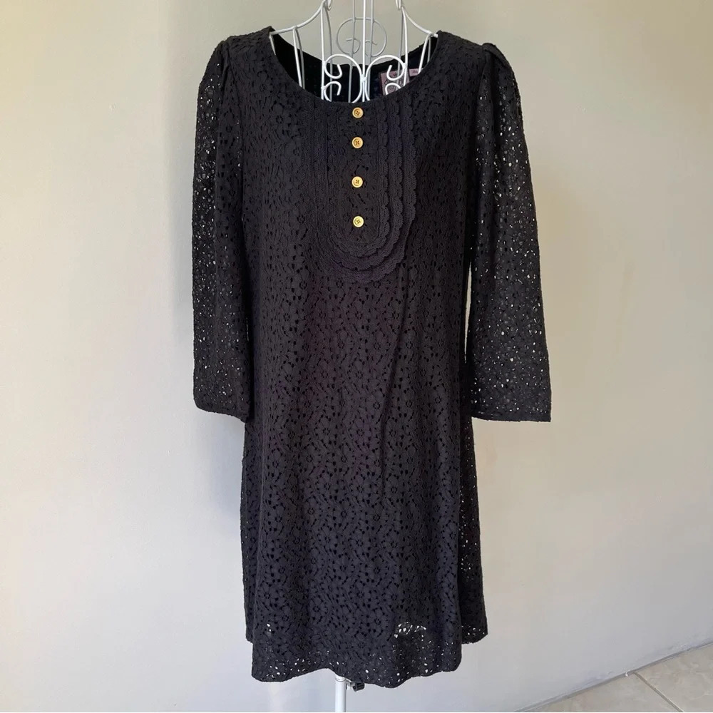 Juicy Couture Black Lace Mini Dress 3/4 sleeve gold buttons crew neck Size L